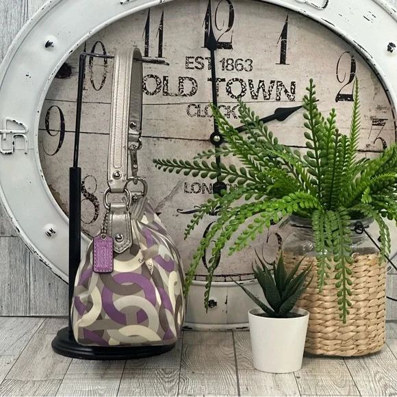 COACH - Mini Madison Op Art Shoulder Handbag Purple Silver Cream & Gray - Picture 6 of 15